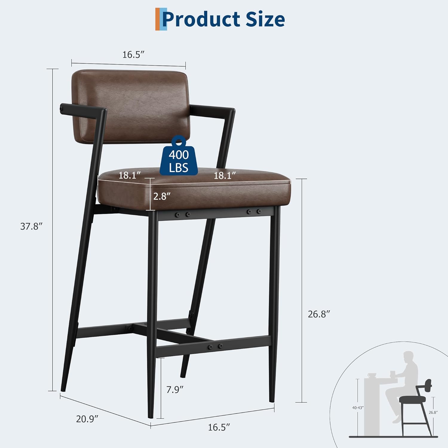 GarveeHome Bar Stools Set of 6 with Armrests, Counter Height Bar Stools of 6 with Backrest, Footrest, Thick Cushion & Thickened Metal Legs for Island, Counter Bar, Kitchen, Rustic Brown