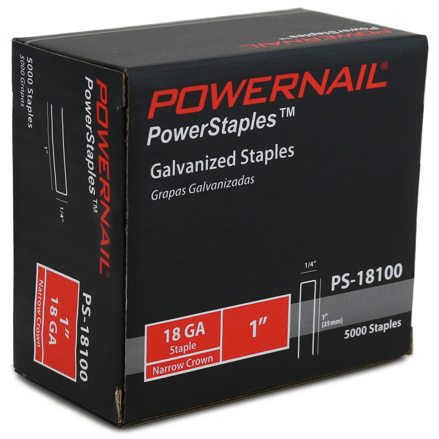 Powernail PS18100 - Grapas de corona estrecha de calibre 18 de 1/4 de pulgada de longitud de punta de cincel (5 cajas de 5000 ct, 25000 grapas)