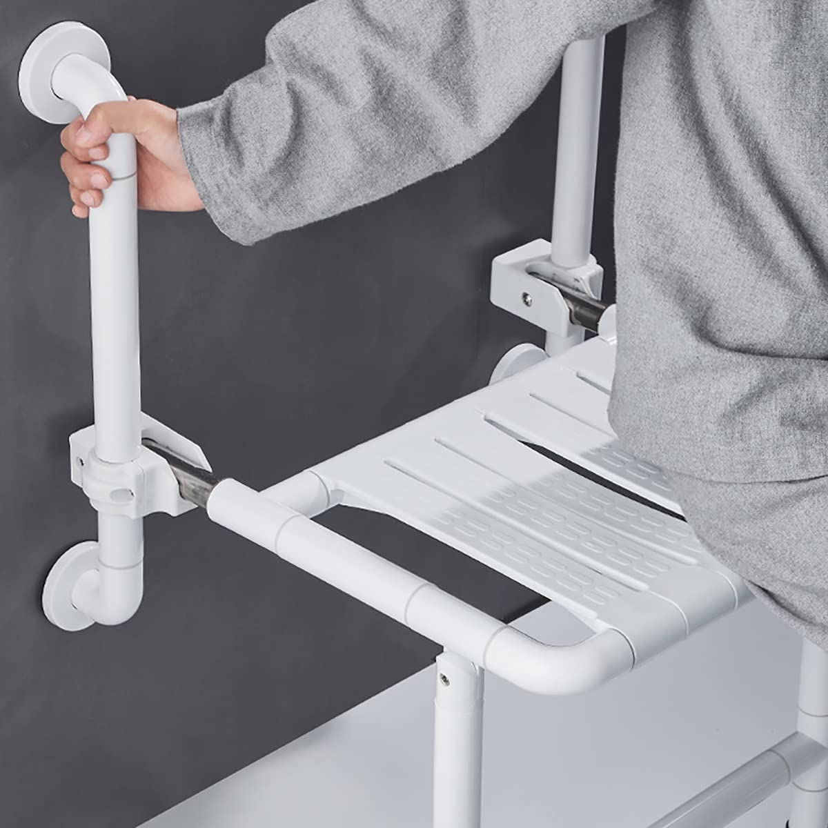 Asiento de Ducha Plegable montado en la Pared con Barra de Agarre, Patas de Asiento de Pared, reposabrazos de Seguridad Antideslizante para Inodoro, Taburete de baño para Ancianos,