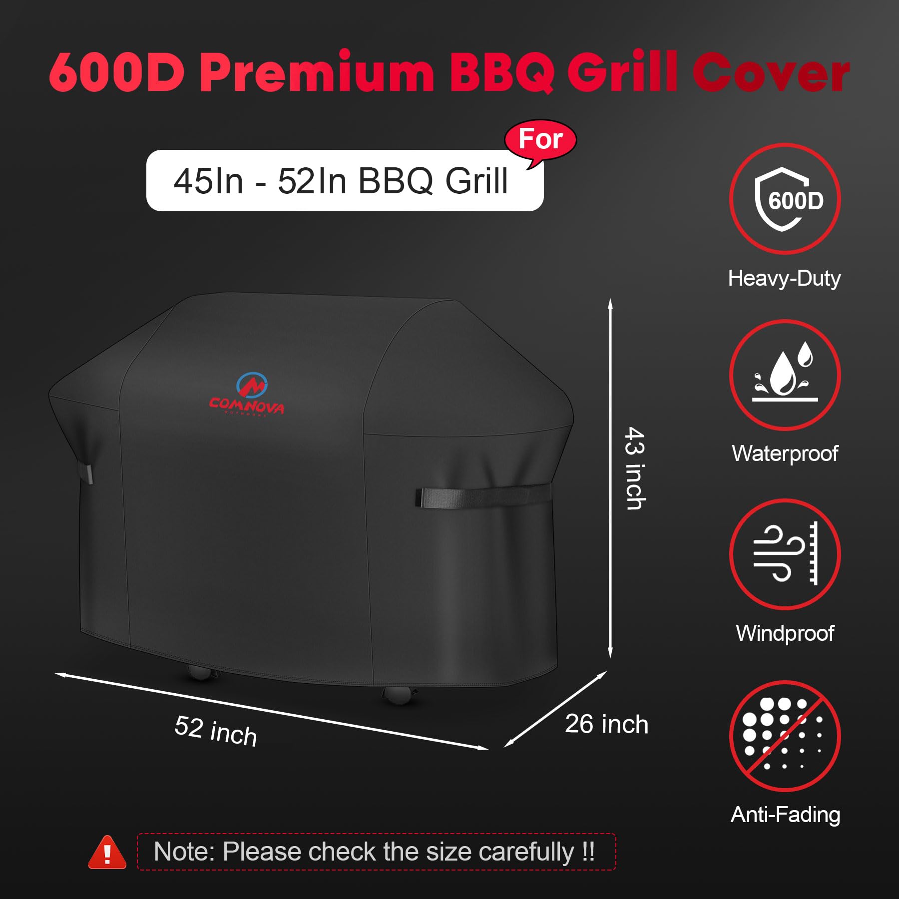 Comnova Pokrowiec na grilla 132 cm - pokrowce do grilla gazowego Weber Spirit serii 200 i 300, wytrzymałe i wodoodporne, pokrowiec na grilla na zewnątrz do Dyna-glo, Char Broil, Monument, Brinkmann i