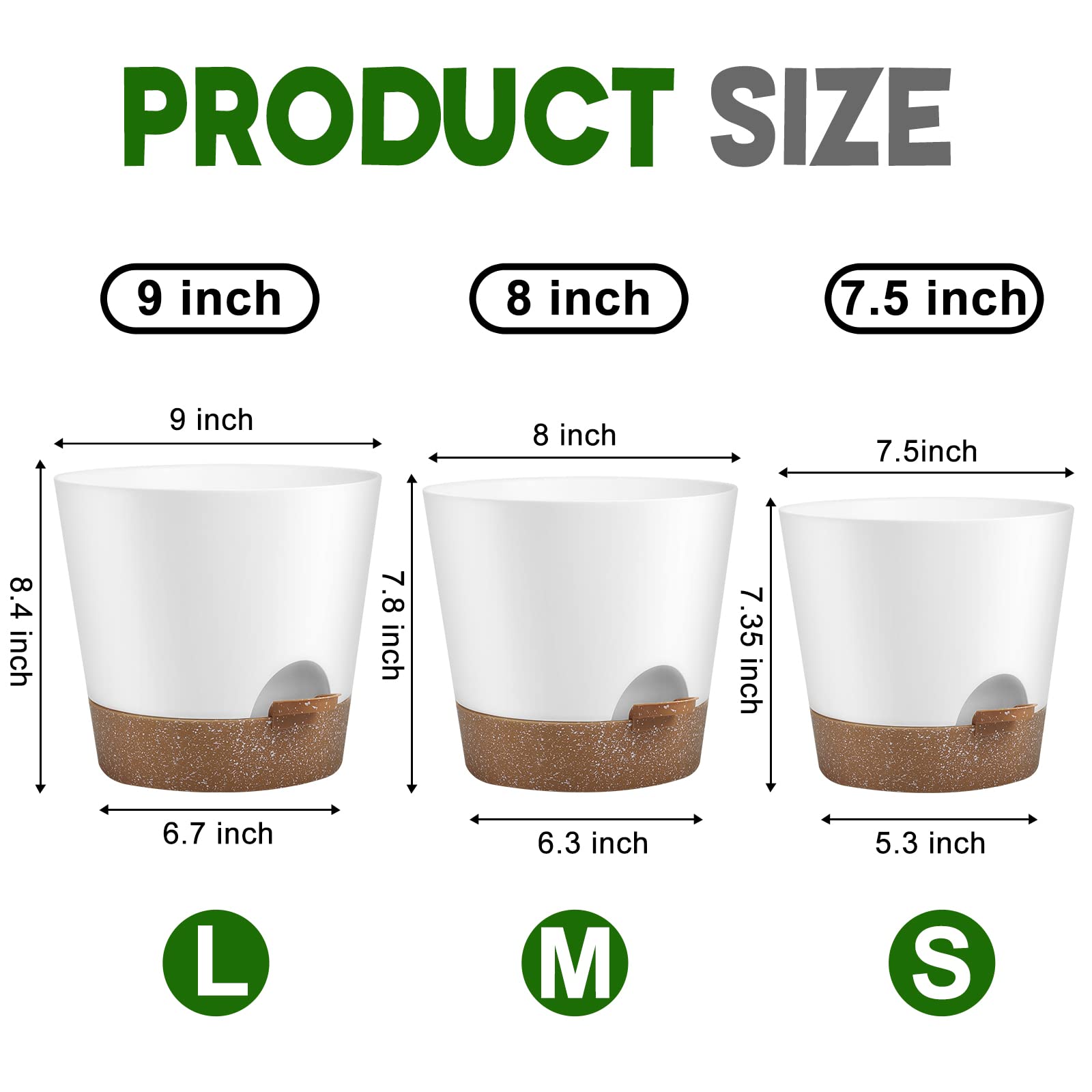 YNNICO Indoor Self Watering Plastic Flower Pots, Planters with Drainage Holes and Saucers, 9,8, 7.5 Inches, Green, 3 Pots (Snow) - Image 2