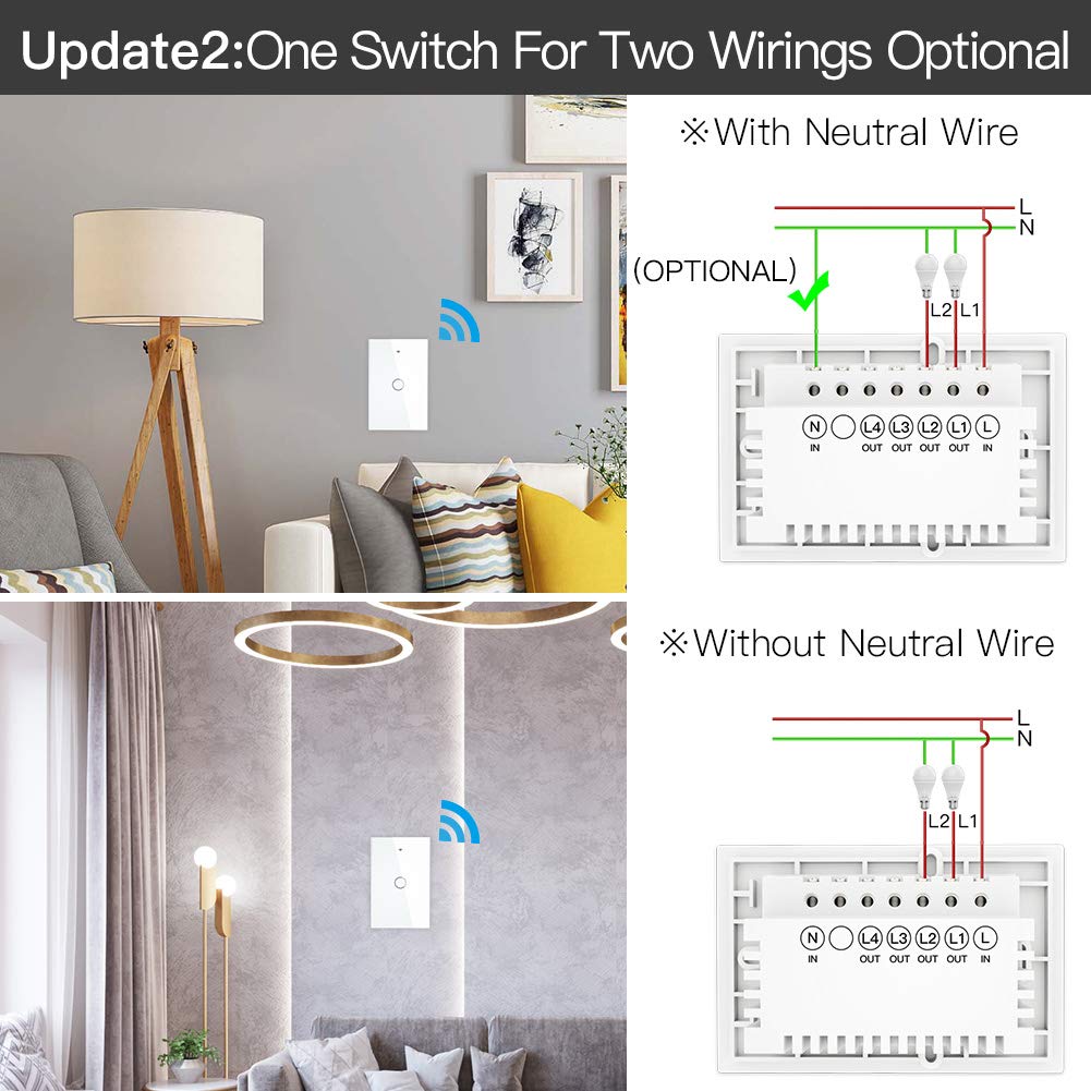 Interruttore Tapparelle WiFi,Interruttore WiFi Interruttore della luce intelligente del tattile a parete con neutro/né, nessun condensatore Smart Life 2/3 Way Control(2-Gang)