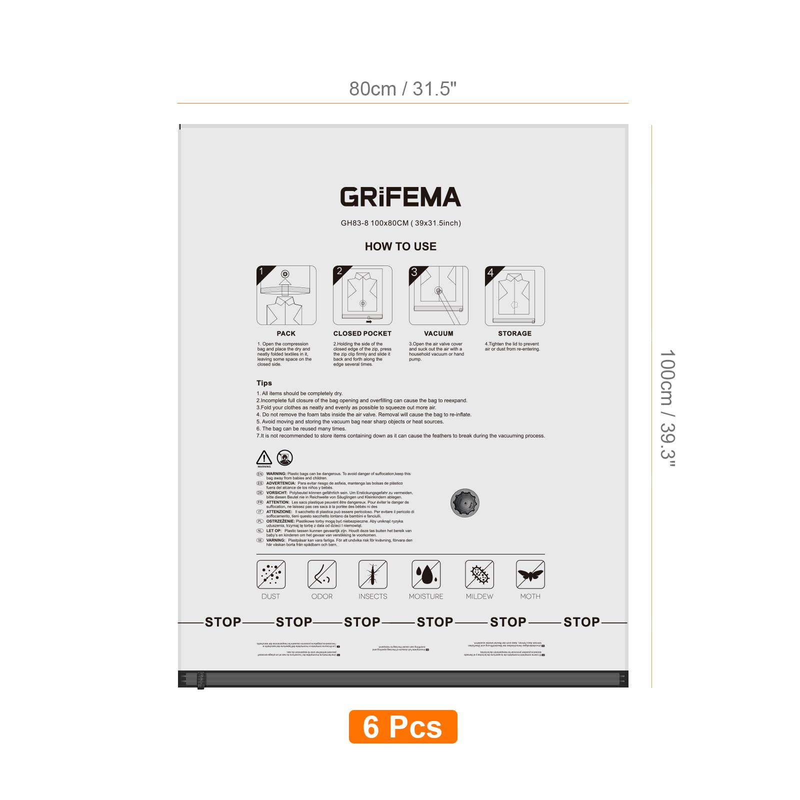 GRIFEMA GH83-8, 6 Sacchetti Sottovuoto Vestiti 100x80 cm - Sacchetti Salvaspazio Riutilizzabili per Coperte, Piumoni, Vestiti, Indumenti Stagionali e Bagagli da Viaggio