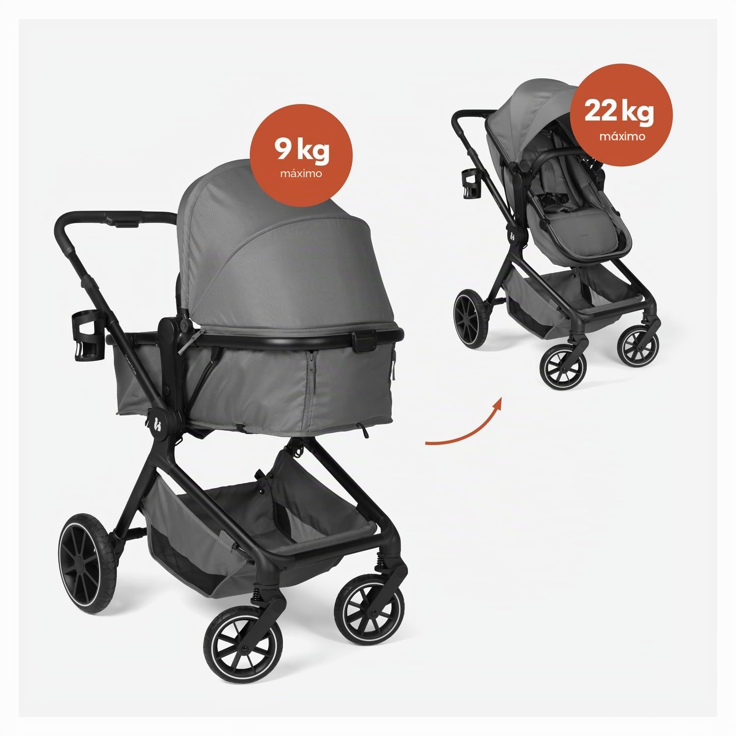 hauck Convert N Care Carrito Bebe 2 en 1 desde el Nacimiento hasta 22 kg - Capazo Convertible en Asiento Reversible - Protección UV 50+ - Ruedas de Goma - Con Adaptadores para Grupo 0+ - Gris