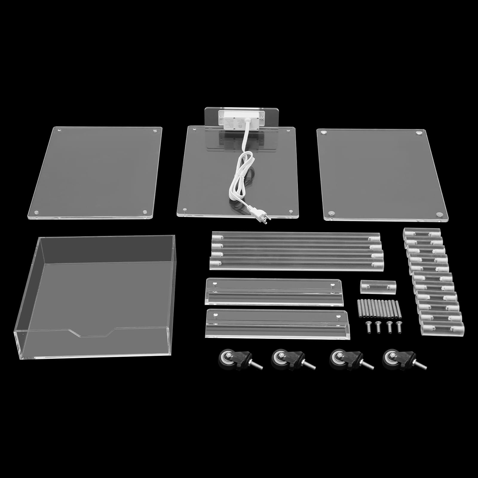 Support d'imprimante moderne en acrylique transparent avec ports USB, table d'imprimante multifonction avec roues et tiroir pour la maison, le bureau, le salon, la chambre à coucher