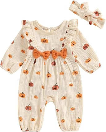 ZINTAOZT-Newborn Baby Girl Halloween Outfit Cotton Linen Ruffle Long Sleeve Jumpsuit Pumpkin Romper Overalls Fall Clothes