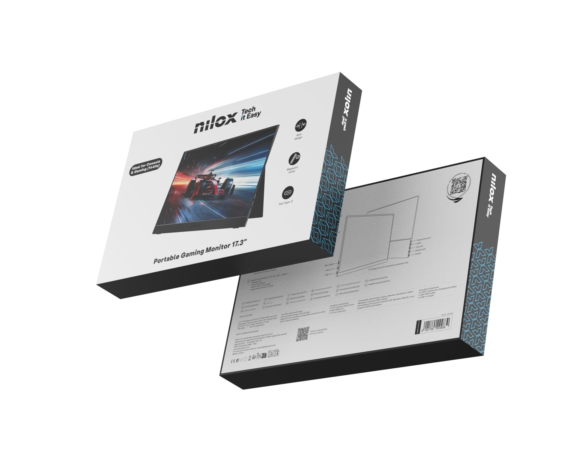 Nilox NXMP17FHD1441 Monitor Portatile 17.3'' IPS Full HD, Frequenza 144 Hz, Connessioni USB‑C e Mini‑HDMI, Design Ultra‑Sottile