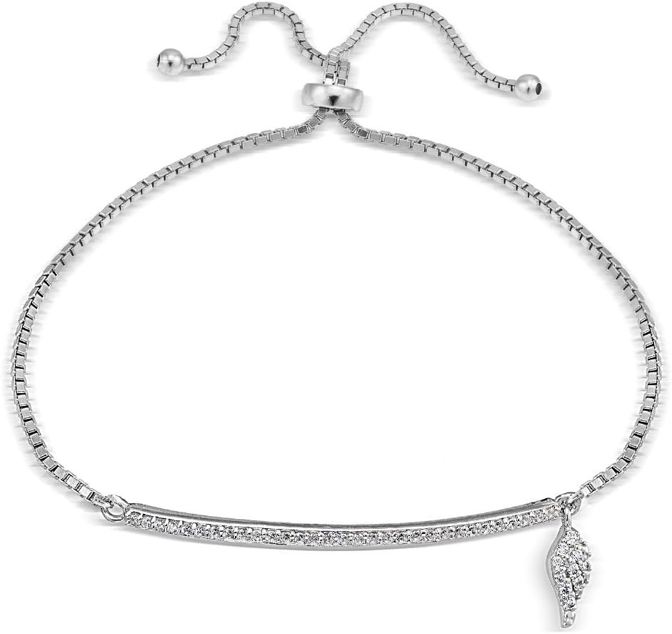 Hoops & Loops Sterling Silver Cubic Zirconia Bar Wing Charm Adjustable Bracelet