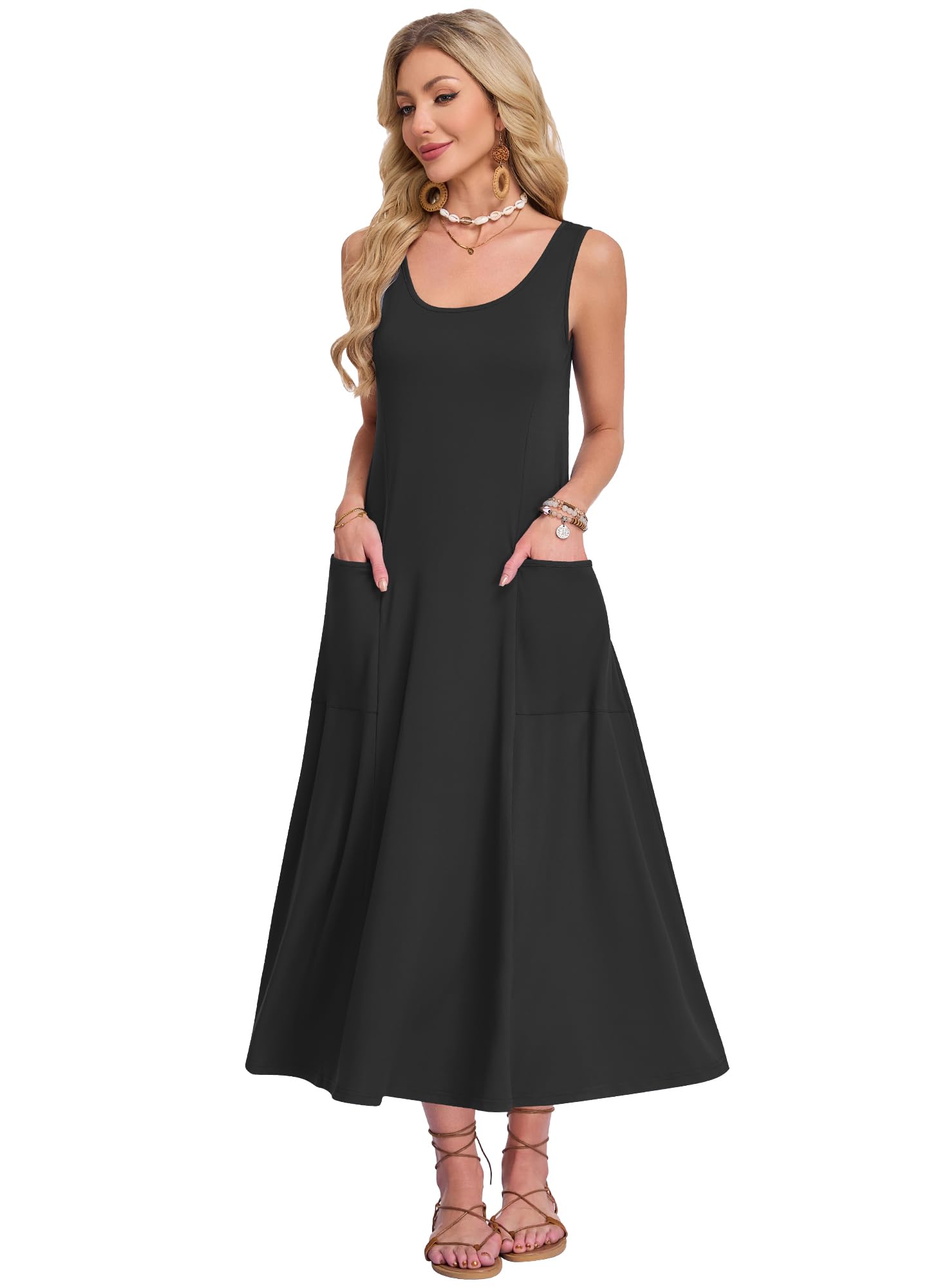 AUSELILY Vestido de Verano Mujer sin Mangas Corte en A Largo Maxi Informal con Cuello en U Holgado Ideal para la Playa y Vacaciones con Bolsillo