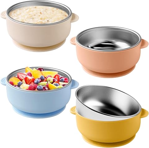 4pcs Tazones Infantiles Con Ventosa De Acero Inoxidable, Cuencos Antideslizantes Con Funda De Silicona, Cuencos Para BebéS Con ProteccióN Contra Quemaduras, Sin Bpa (Multicolor-4)