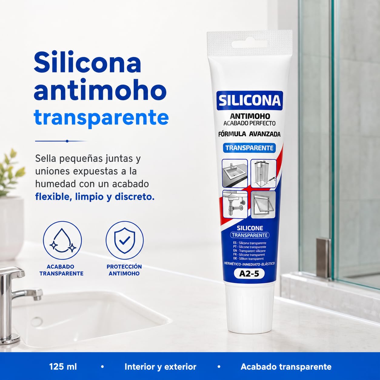 Silicona antimoho transparente 125 ml, pack de 12, baño y cocina