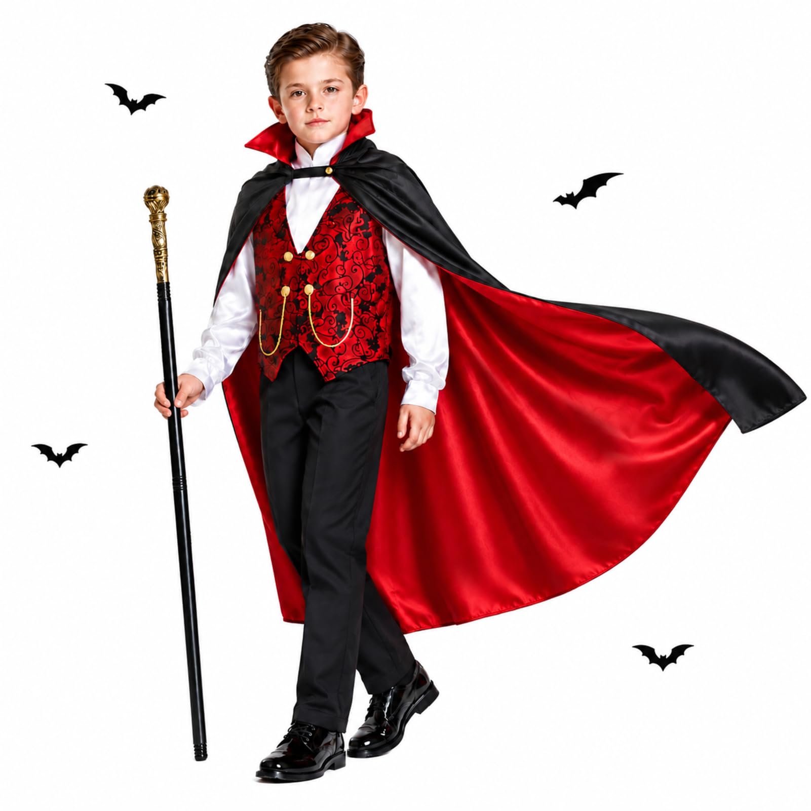 Costume da Vampiro per Halloween per Bambini con Mantello, Camicia, Pantaloni e Bastone, Abbigliamento in Poliestere per Travestimento e Festa a Tema per Bambini (Piccolo)