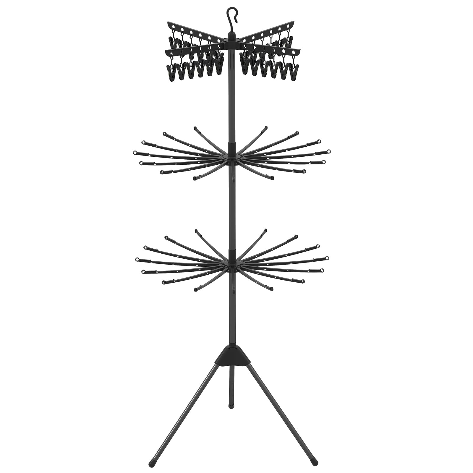 COSTWAY Foldable Clothes Drying Rack, 3-Tier Clothes Airer Dryer Horse with 24 Clips, 32 Hanging Rods and Rotatable Arms, 178cm Freestanding Tripod Laundry Towel Rack Hanger for Indoor Outdoor