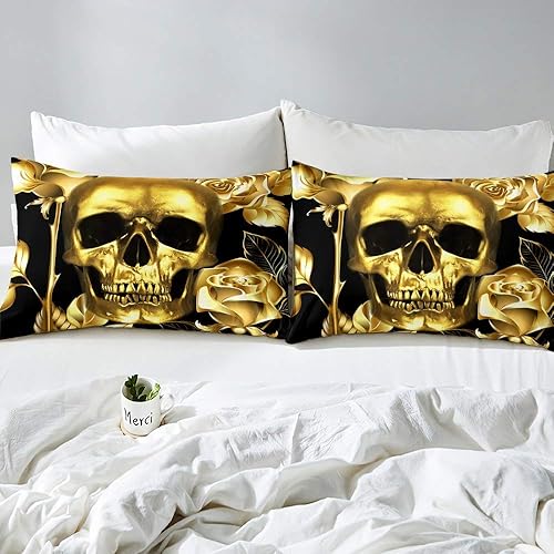 Miniatura 3 de Erosebridal Juego de ropa de cama de calavera de azúcar, funda de edredón gótica tamaño King, funda de edredón rosa dorada para niños, adolescentes