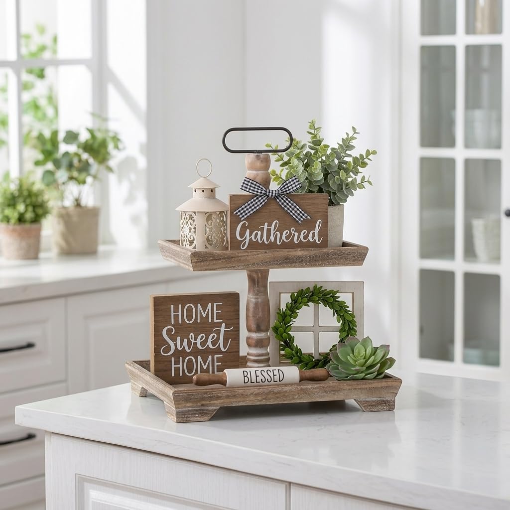 Hanobe Boerderij gelaagd dienblad decoratie: hout 2-laags standaard twee decoratieve dienblad ronde kralen trays voor badkamer keuken salontafel centerpieces aanrecht herfst Halloween Kerstmis