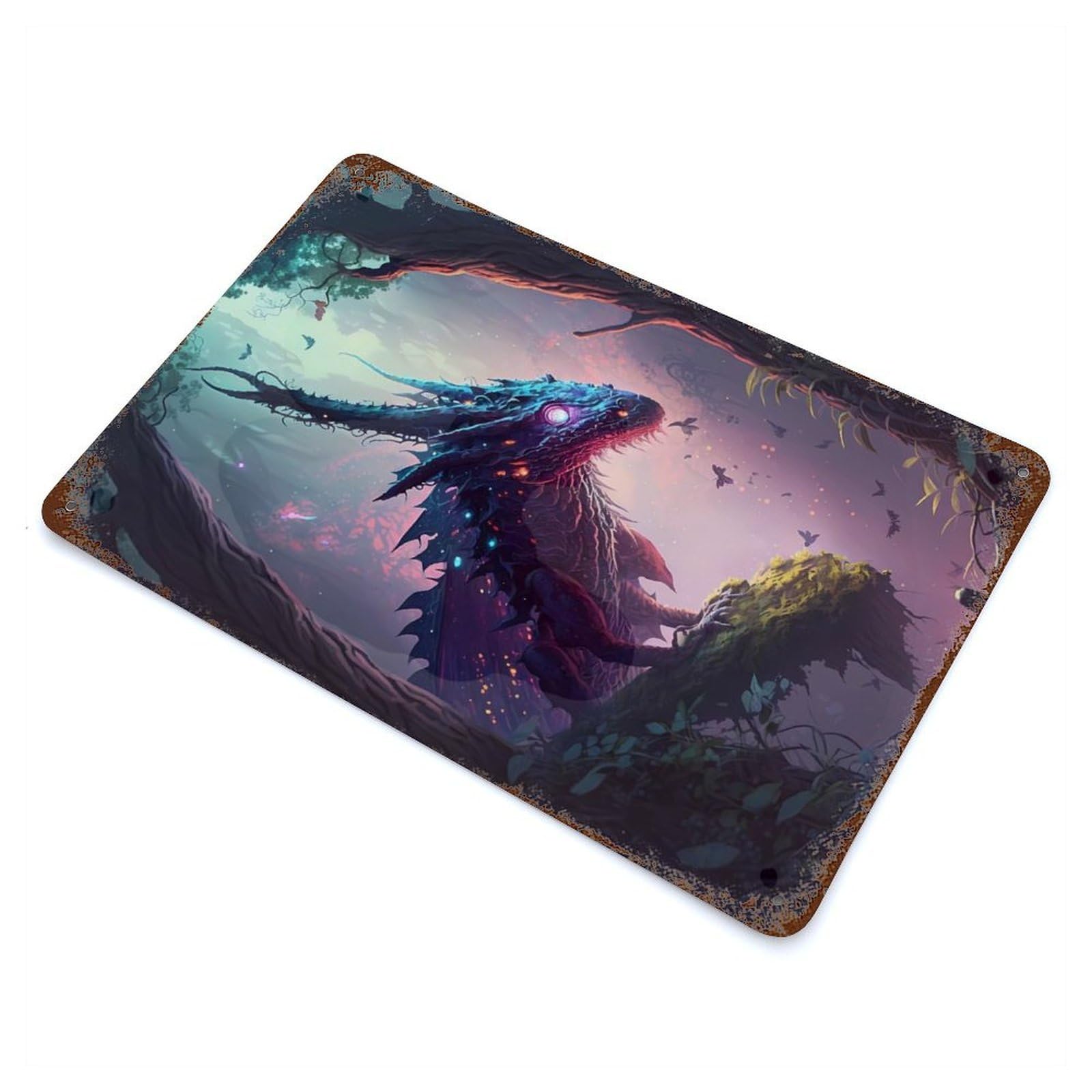 Dragon Fantastical Vintage Wall Sign 11.8"x7.9", Rust Effect Metal Decor for Office, Studio And Wall Decor