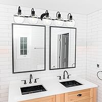 Vista 2 de Accesorios de iluminación de tocador de baño negros de 5 luces sobre espejo, iluminación moderna de pared con apliques de vidrio esmerilado