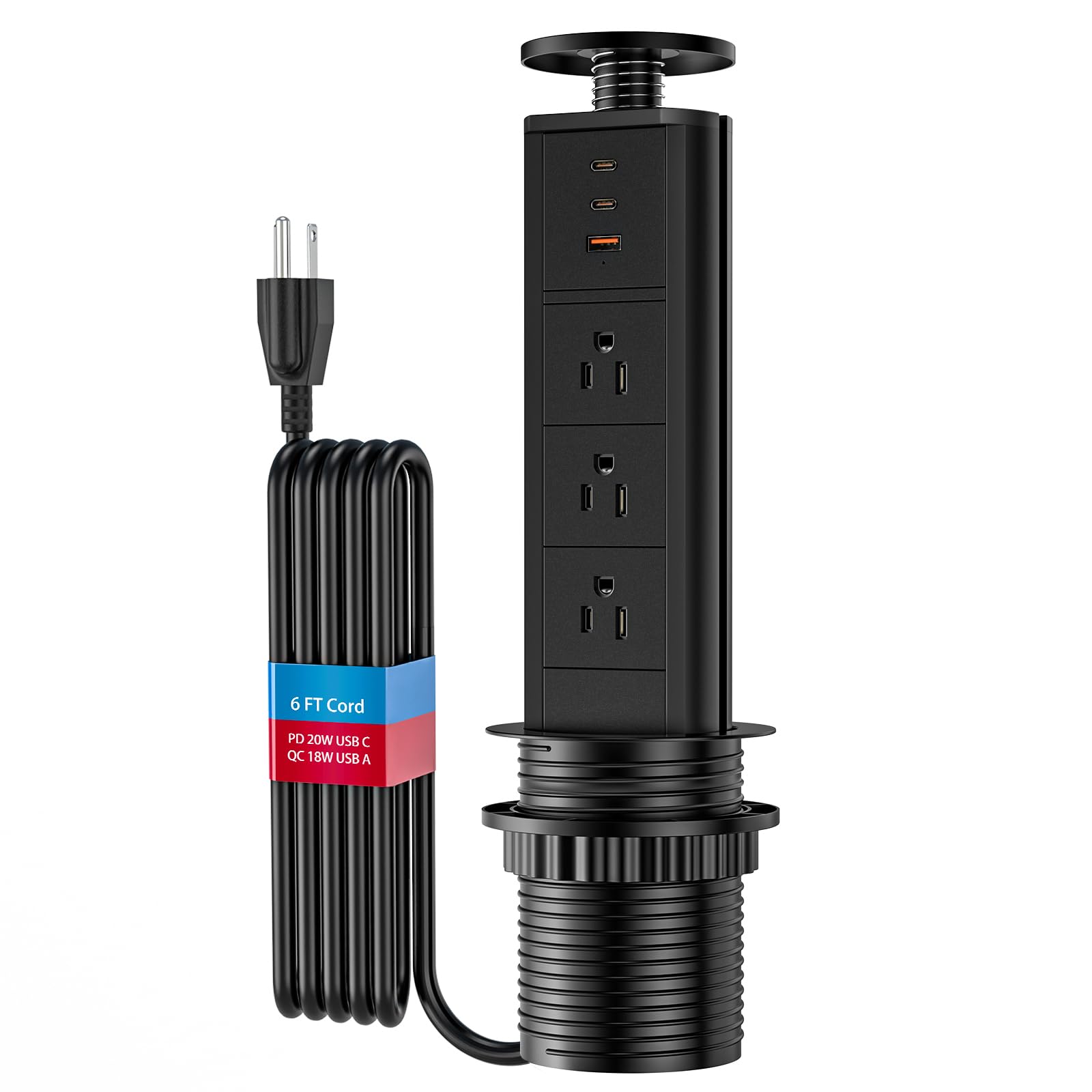 BTU Pop Up Outlet with USB Ports, Pop Up Outlet for Countertop with 3 AC Outlet, 2 USB C Ports and 1 USB A Port Hidden Outlet Plug Pop Up Outlet for