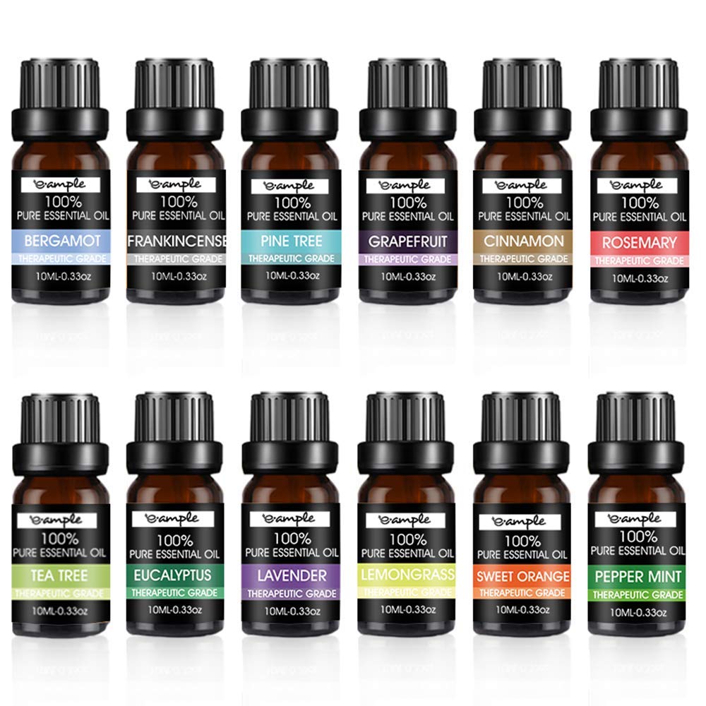 Essential Oils Set, by e.Ample 12Pcs Aromatherapy Oils, 100% Pure Diffuser Oils, Therapeutic Grade Lavender, Sweet Orange, Tea Tree, Eucalyptus, Lemongrass, Peppermint, Bergamot, Frankincense and more
