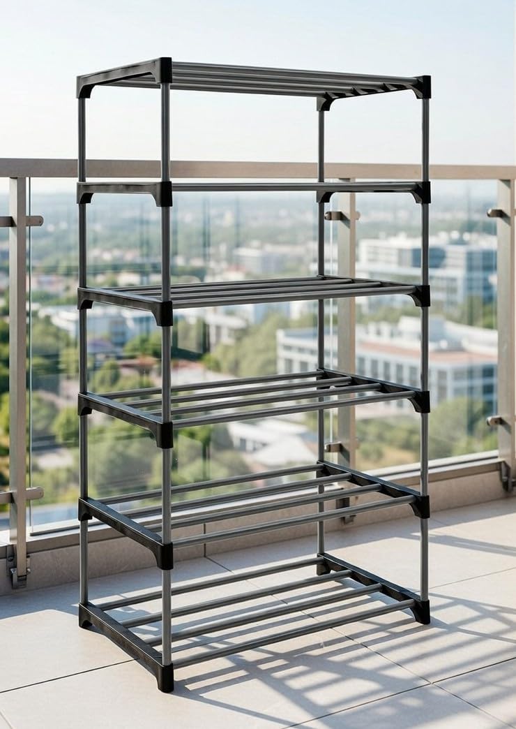 Heavy Duty 6 Tier Shoe Rack Organizer – Durable Plastic Space Saving Shoe Stand for Home | Multi Layer Vertical Footwear Storage Shelf (Black)-image-4