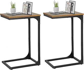 FDW C-Shaped End Table Wooden Top Side Table Adjustable Feet Small Cough Table Bedside End Table with Metal Frame for Bedroom Living Room,Set of 2,Brown