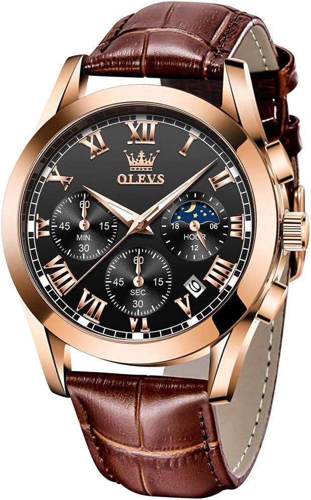 OLEVSWatches for Men Brown Leather Gold Case Analog Quartz Fashion Business Dress Watch Day Date Luminous Waterproof Casual Male Wrist Watches