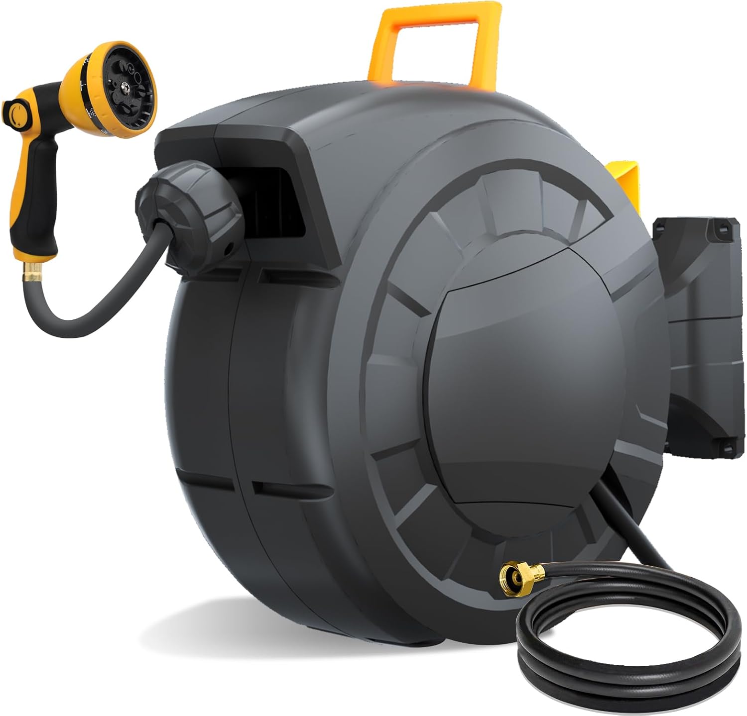 Retractable Garden Hose Reel, 1/2" x 82 FT, Heavy Duty, 10 Pattern Nozzles, Wall Mount, 180° Swivel Bracket, Black and Silver