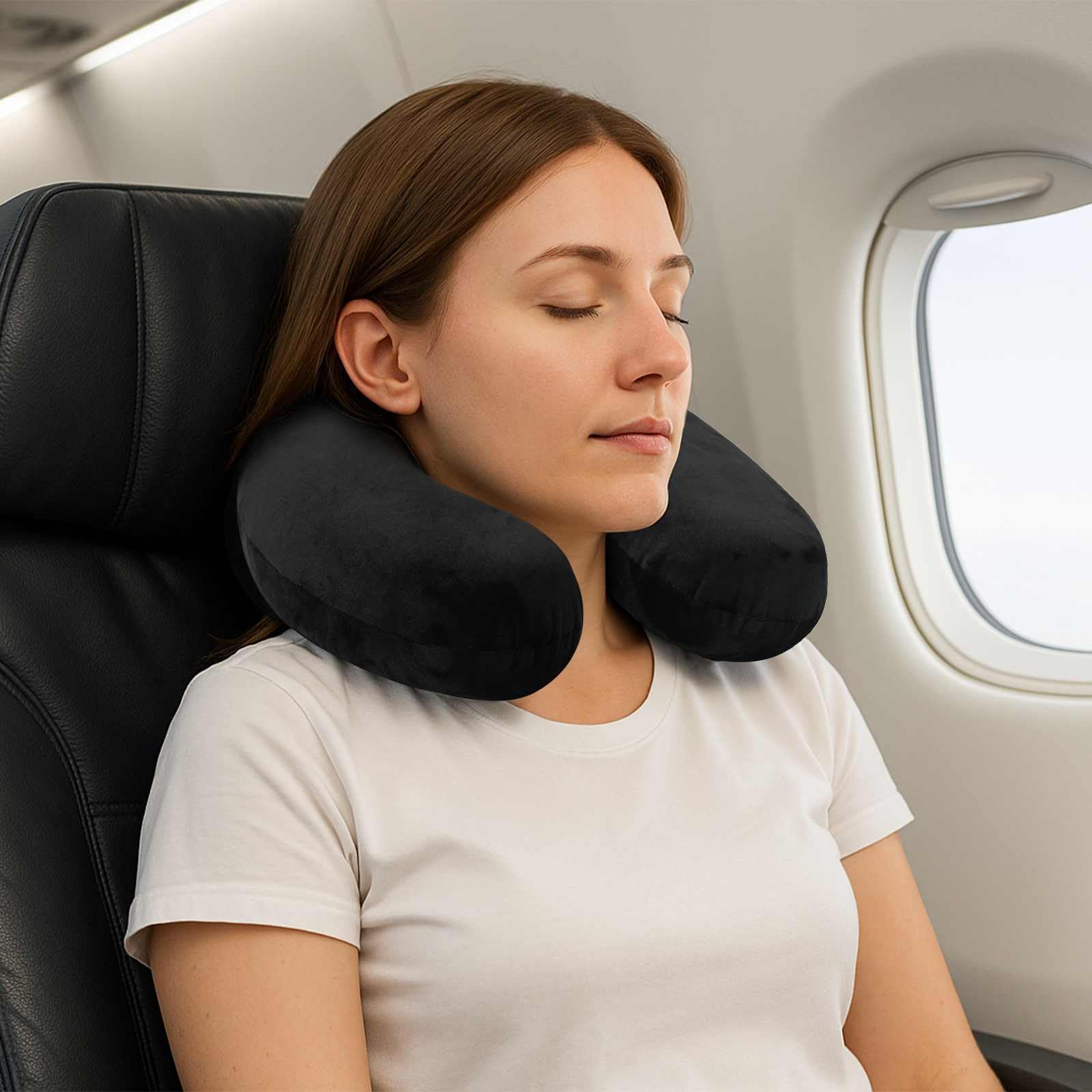 Mangloder Almohada de Viaje para Cuello Negro Almohada Ergonómica para el Cuello con Espuma viscoelástica y Funda de Terciopelo Transpirable Lavable Portátil 27x27x8cm para Coche Tren Avión y Hogar