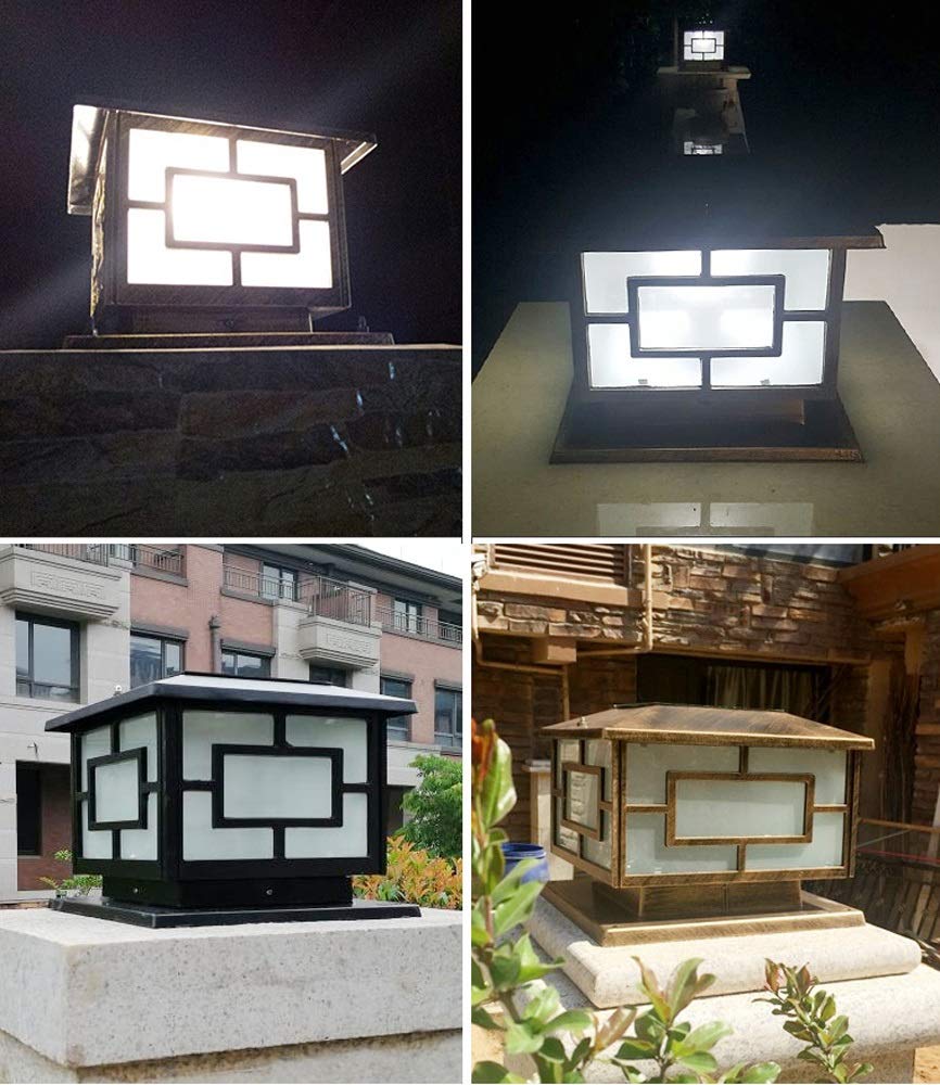 Lampe solaire extérieure rétro vintage IP65 étanche paysage LED lampadaire rue pelouse lanterne en verre en aluminium vitrine patio porche colonne lampe avec intelligent, blanc lumière-noir-25 cm