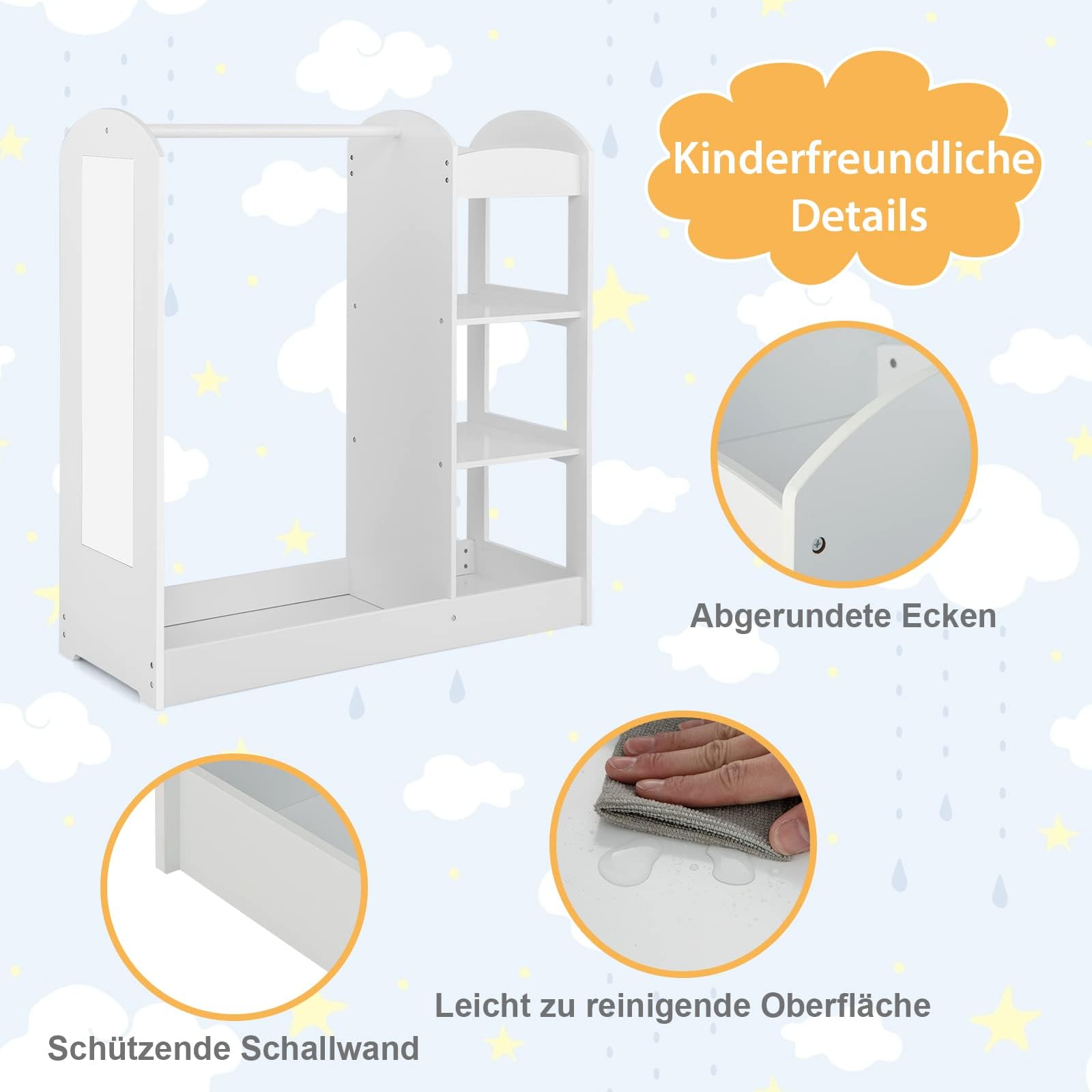 FANTASK Holz-Kinderkleiderschrank 93,5 x 38 x 100 cm,Prinzessinen-Garderobe mit Spiegel & Kleiderbügel & 4 Regalen,weißer Kinderkleiderschrank, Weiß