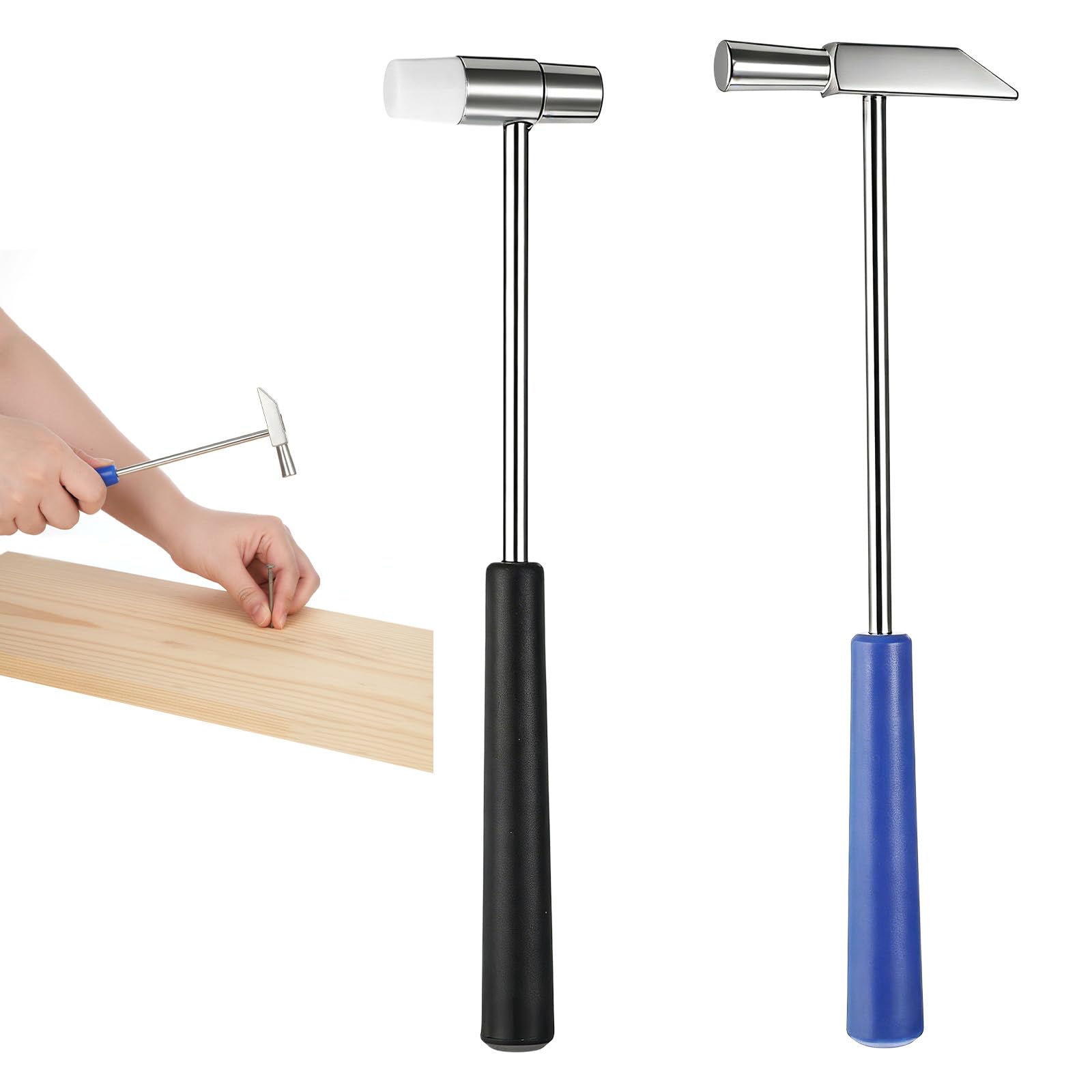 2 Stück Mini Hammer Set, Doppelkopf Schonhammer (Metall & Kunststoff) für Schmuckherstellung, Uhrenreparatur, Basteln und Heimwerker, Klein & Tragbar (Blau/Schwarz)