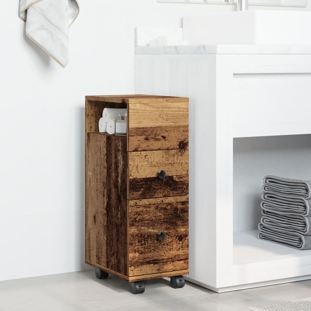 Meuble de Salle de Bain Étroit à roulettes en Vieux Bois