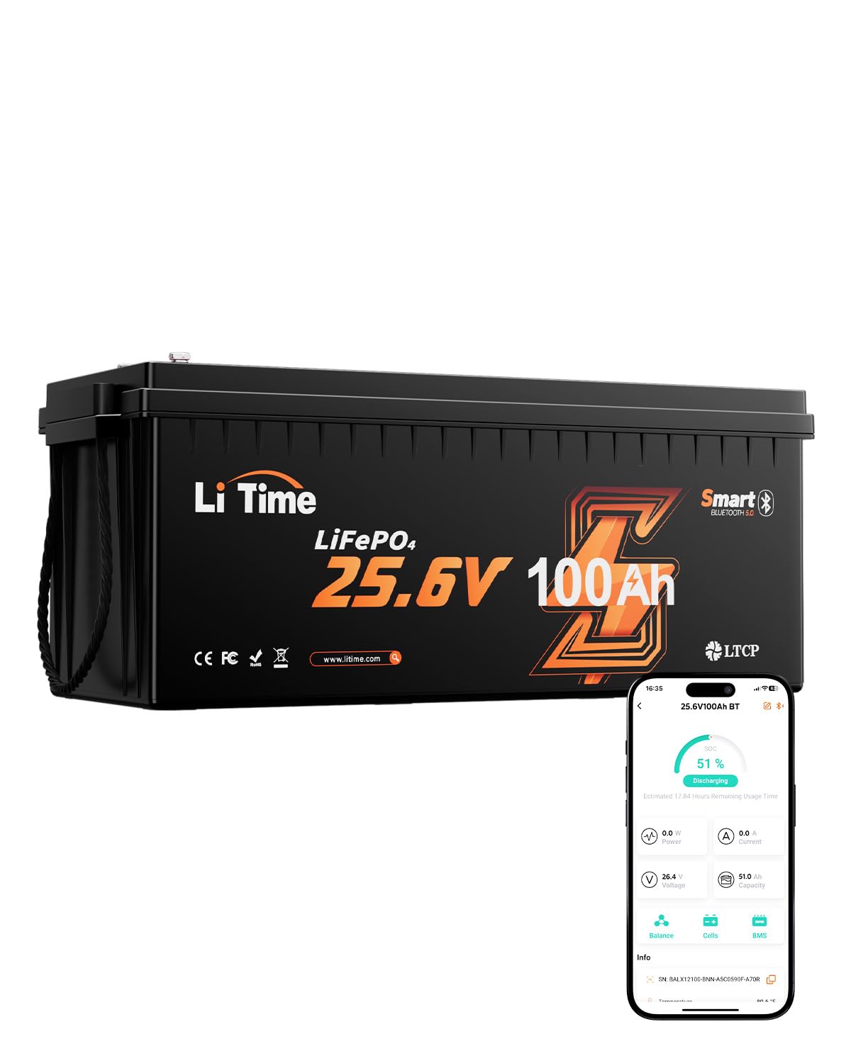 LiTime 24V 100Ah Bluetooth LiFePO4 Battery