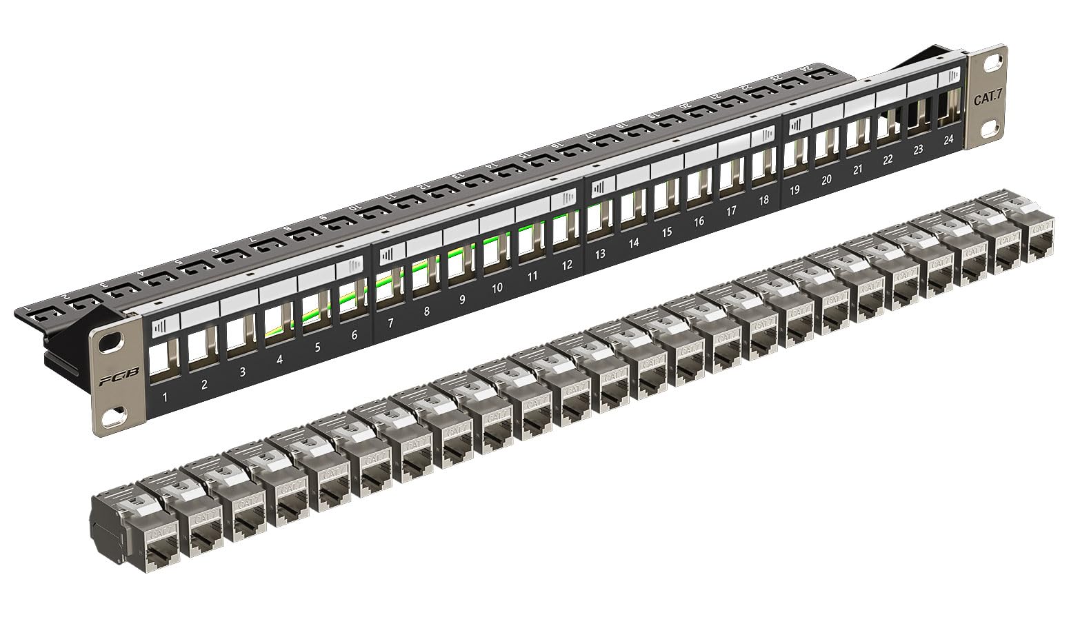 FGB 10Gbps 24 Port CAT7 Patchpanel mit 24x Cat7 Keystone Module Geschirmter, 19" Zoll Rackeinbau RJ45 LAN Netzwerk 600 MHz Verlegekabel für Gigabit-Netzwerk-Switch