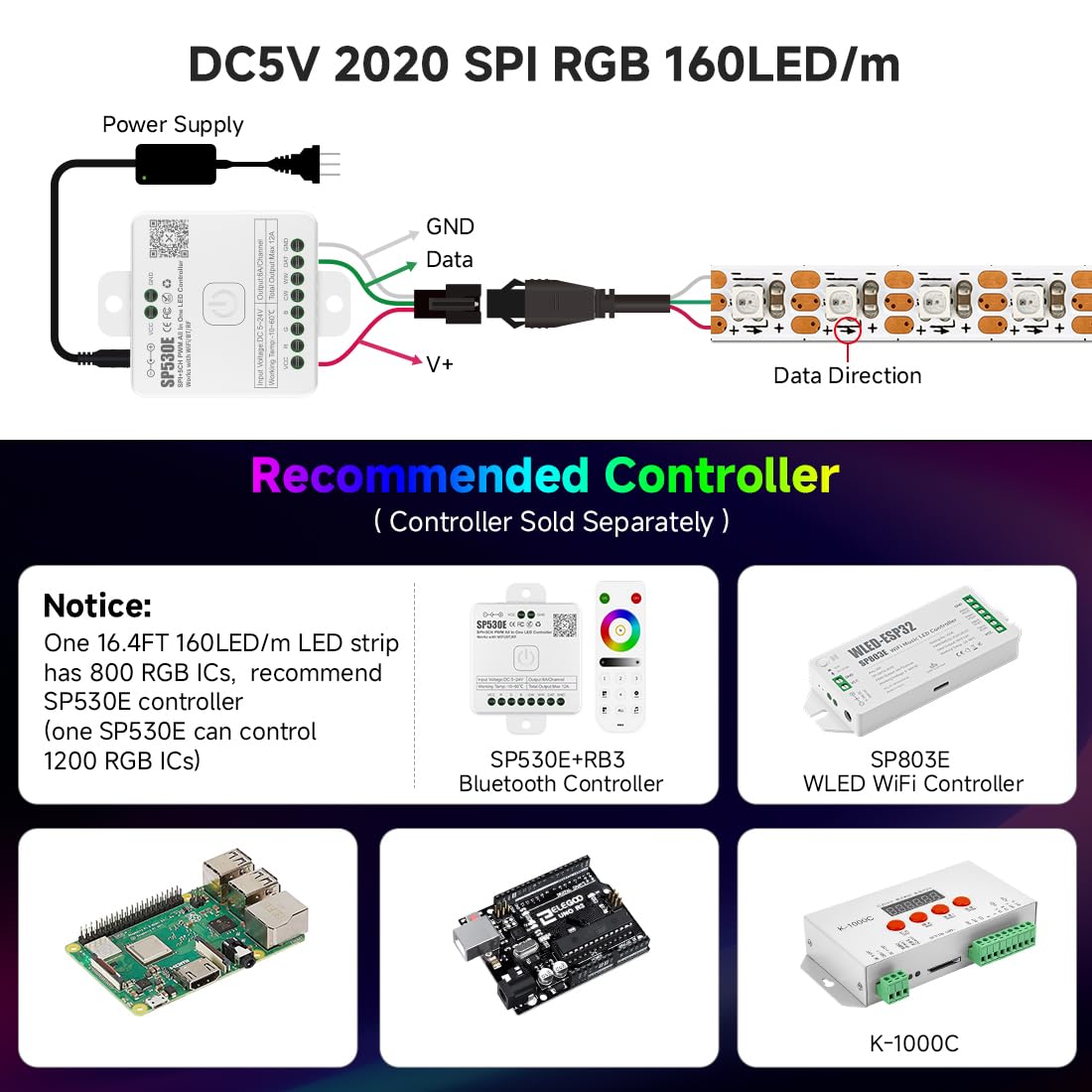 SEZO WS2812B IC RGB LED Tira de 5 mm Extremadamente Estrecha SMD2020 DC5V Individual Direccionable RGB LED Strip Dream Color 5M 160LEDs/m 800Pixels IP30 No-estanco para DIY Interior