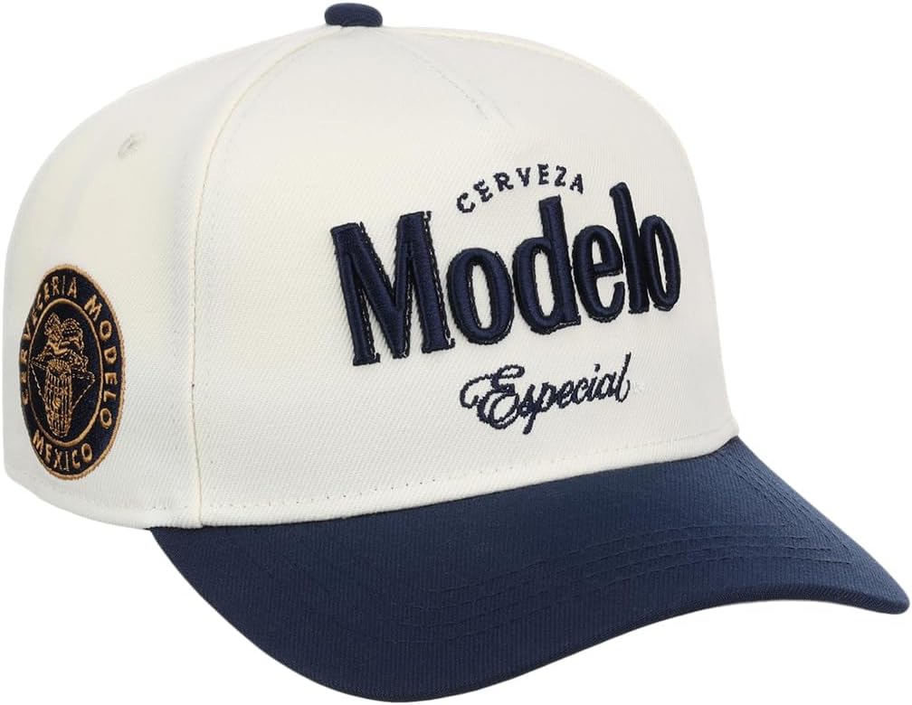 Modelo Beer 2-Tone A-Frame Adjustable Snapback Cap (Cream/Navy, One Size) | 100% Cotton Outdoor Sports Baseball Cap for Men and Women | Beer Inspired Apparel