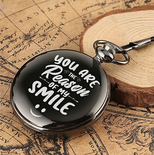Image of Vintage Gandhi Style Pocket Watch with Engraved Designs & Messages Royal Black Analog for Men Women & Kids Includes Key Ring for car or Bike Keys Ideal Gift