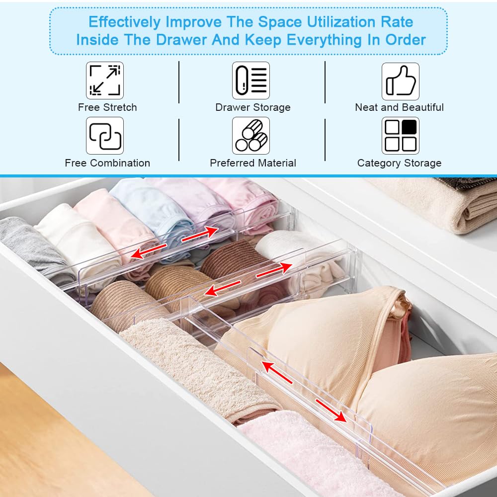 QINERSAW Separadores de cajones ajustables 6 piezas 27,5-52 cm Plástico transparente Organizador para baño oficina