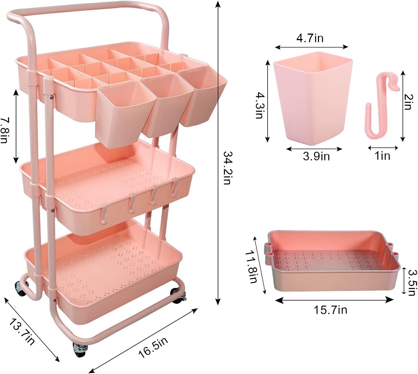 3-Tier Rolling Utility Cart with Hanging Cups & Hooks & Movable Grid&Handle Multifunction Organizer Storage Trolley Service Cart with Wheels,Easy Assembly for Kitchen,Bathroom,Office,Bedroom(Pink)