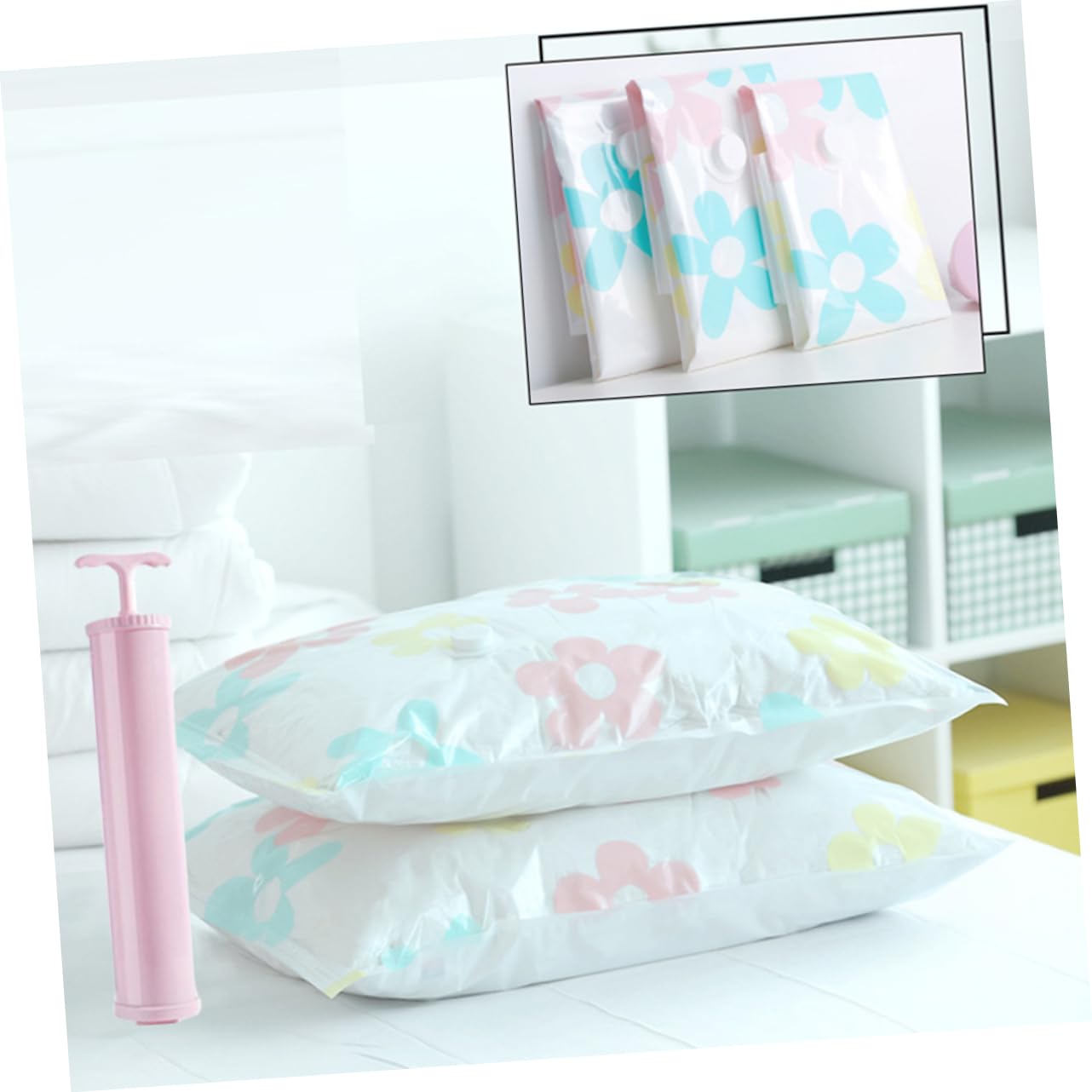Cabilock Set 11 Pezzi Sacchetti Sottovuoto per Abiti e Piumoni Pompa Manuale, Materiale Pa e Pe, Compressione Salvaspazio per Viaggi e Conservazione Colore Casuale