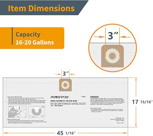 Miniatura 4 de POWERTEC 75068-P3 Paquete de 9 bolsas de filtro para aspiradora Craftsman de 16 a 20 galones, repuesto para bolsas de recolección de polvo para