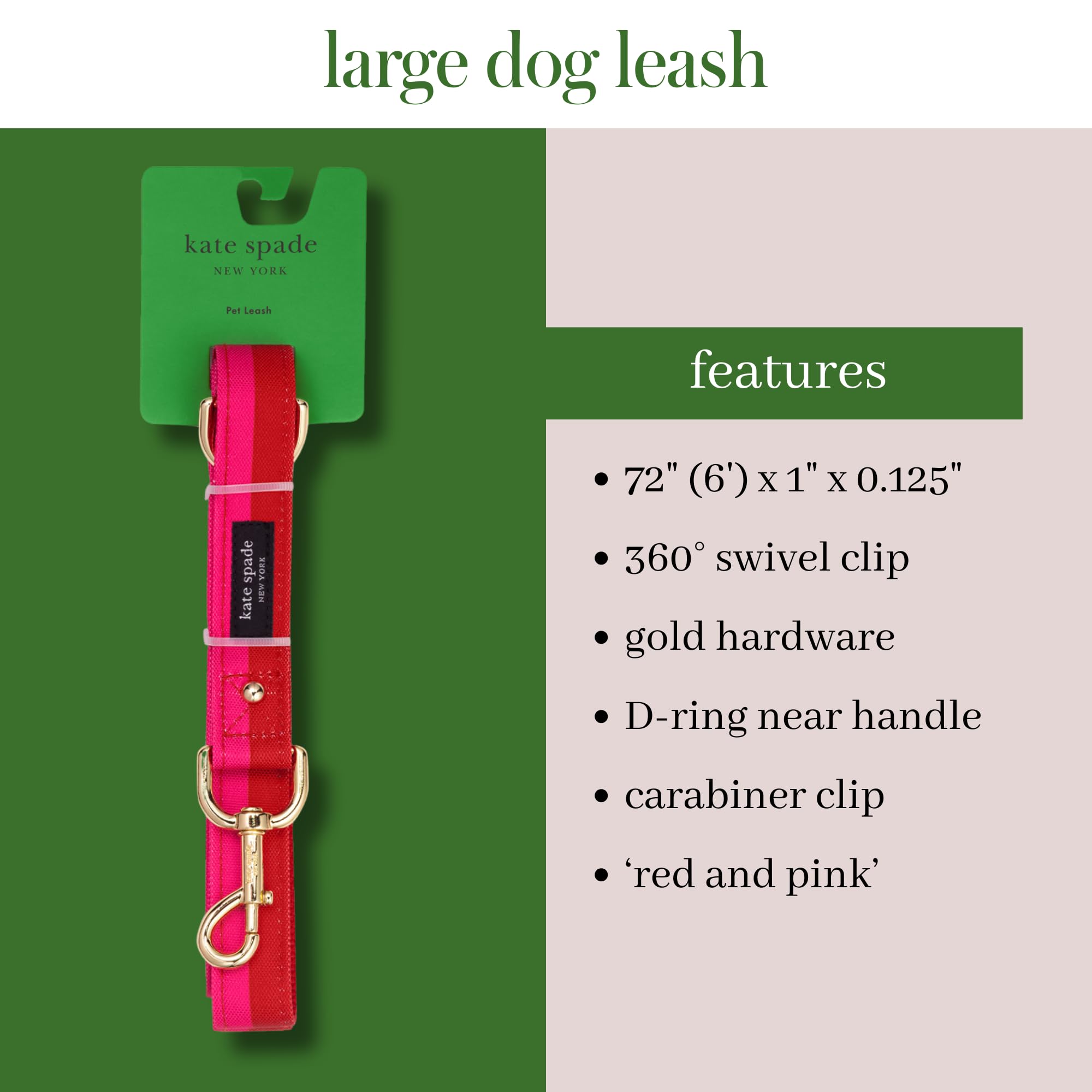 Kate Spade New York Correa de perro de 6 pies, correa resistente para perros hembras o machos, bonita correa para mascotas con herrajes de metal dorado, correa larga para perros para razas medianas y