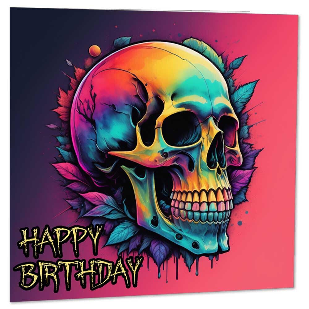 Biglietto di auguri con teschio fiammeggiante, stile gotico rock metal, 145 x 145 mm