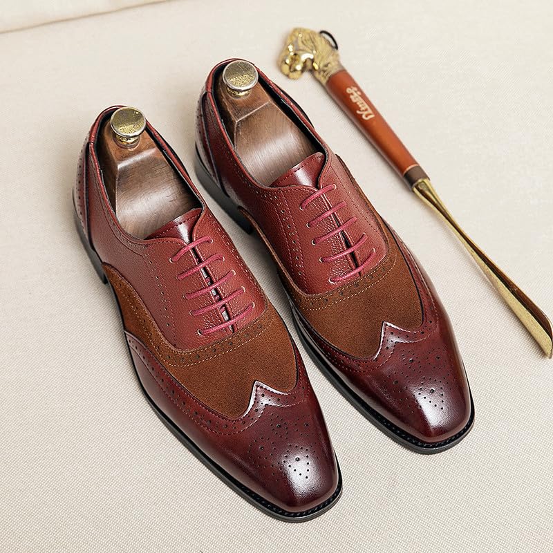 Image of Santimon Men's Classic Modern Formal Oxford Wingtip Lace Up Dress Shoes, Two-Tone Perforated Brogues Uniform Casual Oxford Dress Shoes