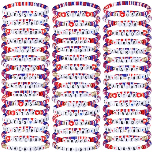 Remuuly 96 Pcs 4th of July Bracelets Bulk Independence Day Clay Bead Bracelets Memorial Day Patriotic Friendship Red White and Blue Stretch