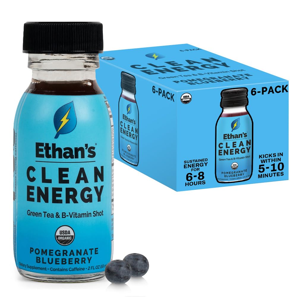 Ethan's Organic Clean Energy Shots Pomegranate Blueberry, 6 Pack of 2oz | 150mg Caffeine | Green Tea, Guayusa, Lion's Mane &amp; Cordyceps | Sugar-Free, Vegan, Gluten-Free, USDA Organic