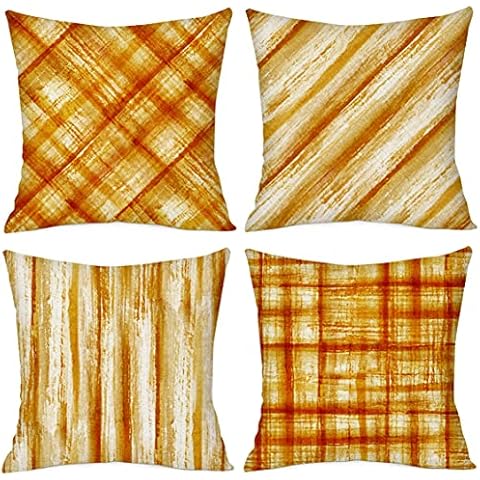 Throw Pillow Covers Set of 4 18x18 inch Square Abstract Orange Stripe Plaid Pillow Cover Decorative Pillowcases Cushion Cover Modern Outdoor Pillowslip for Farmhouse Home Couch Sofa Chair(Orange) Cover