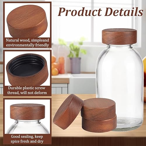 Miniatura 4 de OLYCRAFT 15 tarros de especias de madera de 1.8 x 0.7 pulgadas, tapas para tarros redondos de almacenamiento de 7 onzas, tapas de madera marrón