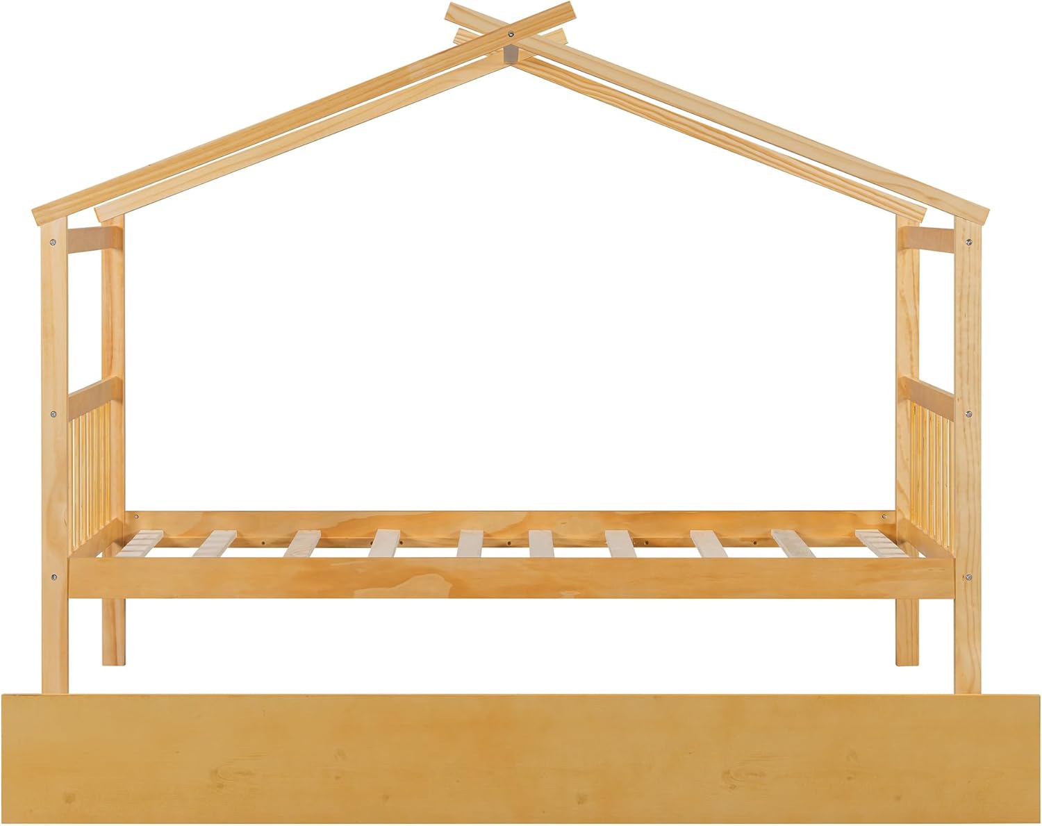 Twin Size Wooden House Bed with Trundle, Kids Twin Montessori Bed with Roof, Solid Wood Platform Bed Frame with Rails, Playhouse Trundle Beds, No Box Spring Needed, Easy Assembly, Natural