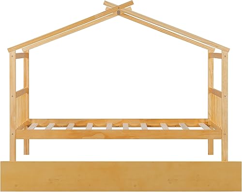 Miniatura 147 de Cama de casa completa con 2 cajones de almacenamiento, marco de cama matrimonial para niños con rieles y techo, cama de tienda, cama de día completo